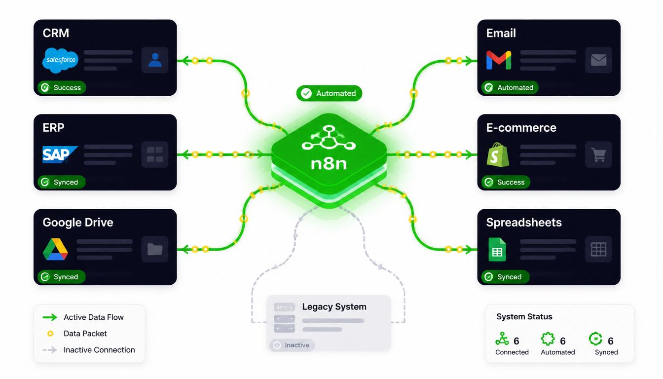 Ilustração de fluxos de dados e integrações automatizadas conectando CRM, ERP, Google Drive, e-mail, e-commerce e planilhas via n8n.