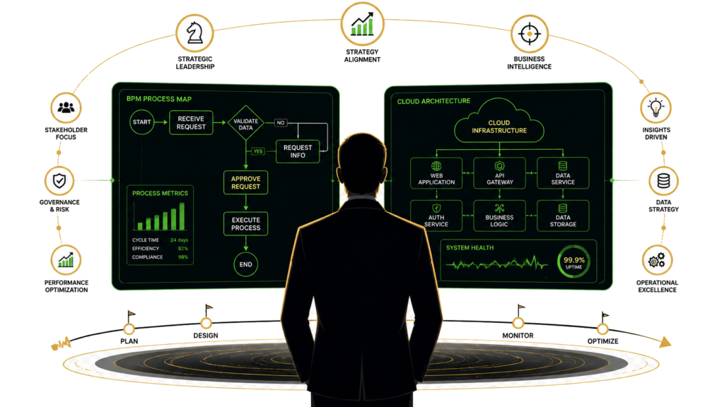 Ilustração de arquitetura de processos e tecnologia com dashboards de BPM, cloud, métricas e estratégia empresarial.